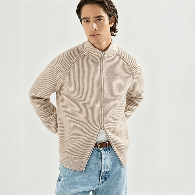 brunello cucinelli double yarn ribbed stand collar full zip wool cardigan